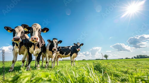 Holstein cows in the pasture with copy space in blue sky, low angle