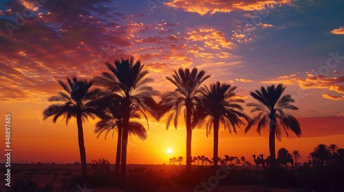 Silhouetted Sunset Palms Arabian Dusk