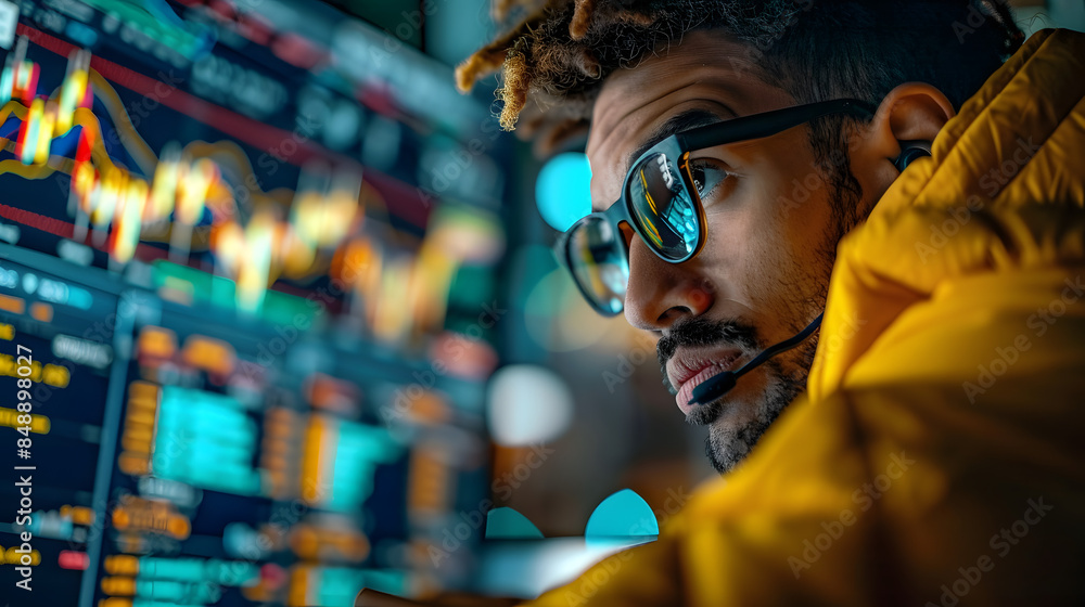 A man wearing glasses is looking at a computer screen with a lot of numbers on it. He is wearing a yellow jacket and he is focused on the screen A man wearing glasses is looking at a computer screen with a lot of numbers on it. He is wearing a yellow jacket and he is focused on the screen