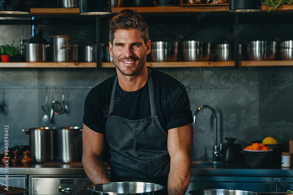 © forenna - A professional photoshoot for a food magazine featuring a handsome man in a black apron, cooking in a sleek, minimalistic kitchen. He is smiling at the camera, with large stainless