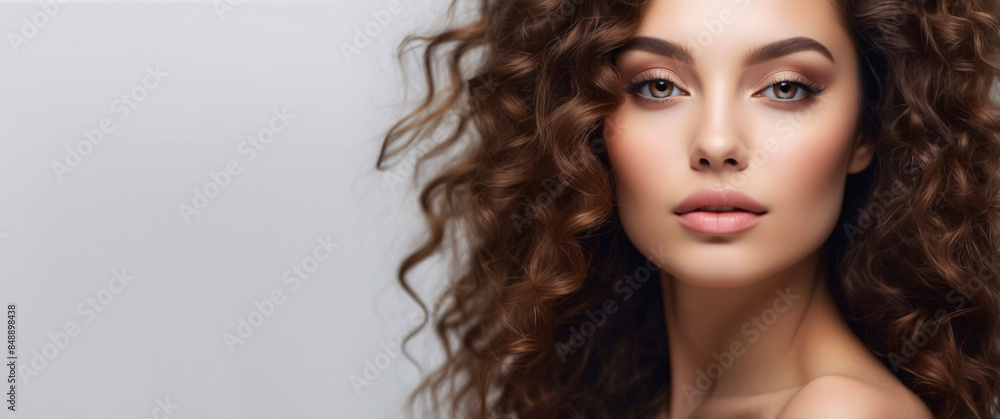 Fototapeta premium This portrait captures a curly-haired woman with a soft and appealing look, evoking a sense of tenderness and beauty