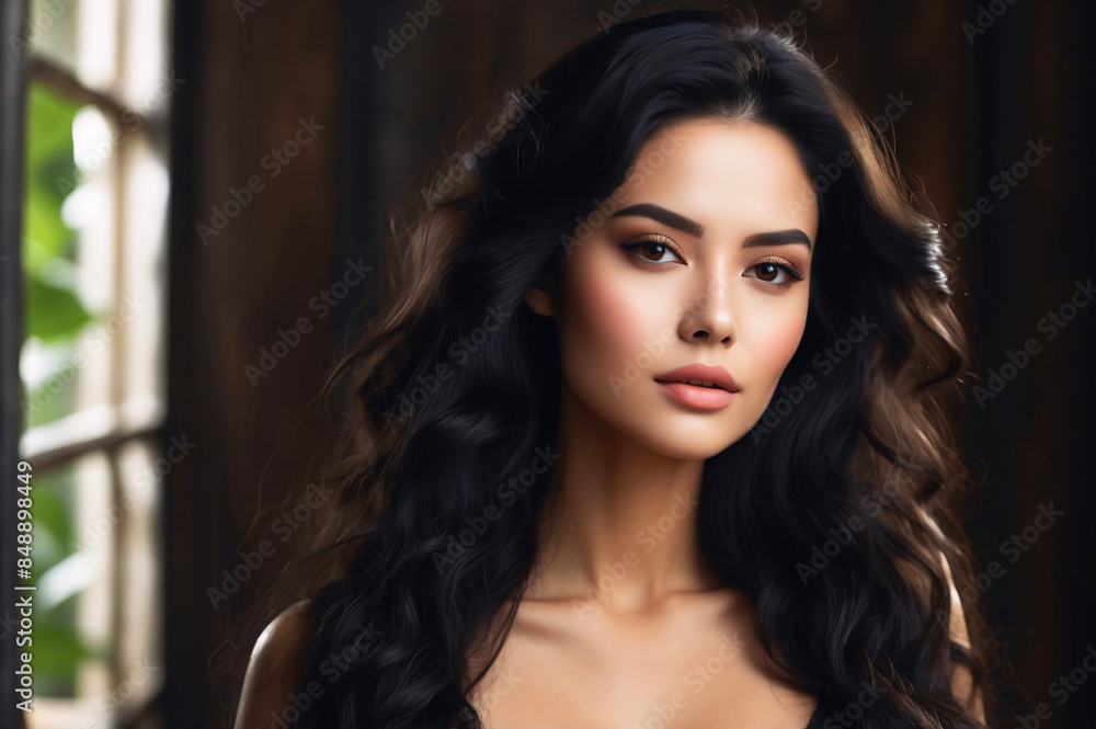 A sultry woman with dark, wavy hair exudes classic beauty and a hint of mystery in a timeless portrait A sultry woman with dark, wavy hair exudes classic beauty and a hint of mystery in a timeless portrait