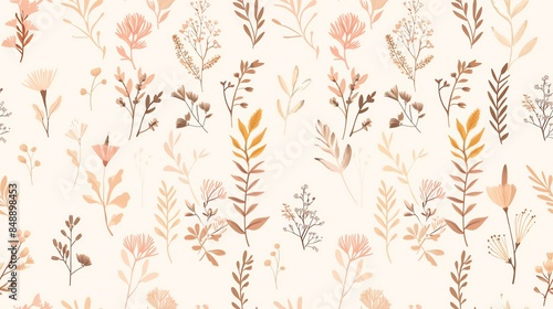 Charming hand-drawn flora in soft pastel light pink, cream, and brown, seamless pattern
