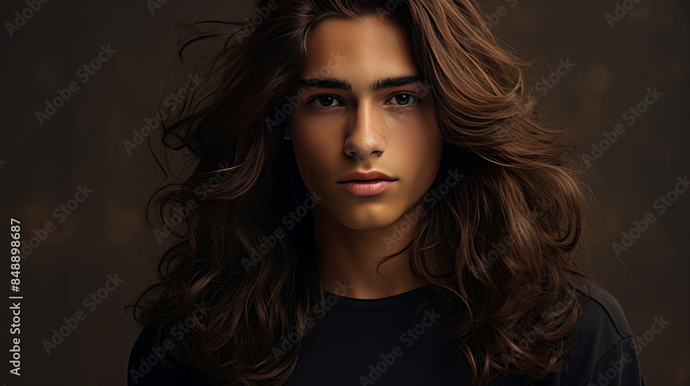 Happy cheerful young latino generation z. Smiling ethnic cool generation z teenage student, long hair, gold brown background. Happy cheerful young latino generation z. Smiling ethnic cool generation z teenage student, long hair, gold brown background.