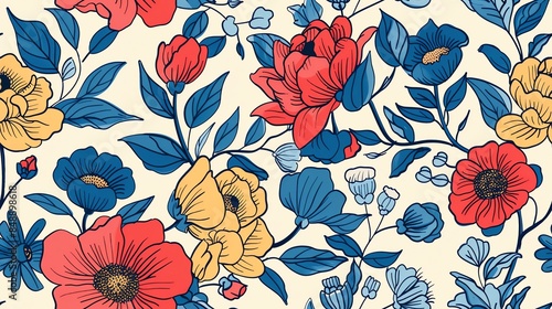Charming hand-drawn flora in soft pastel red, blue, and yellow, seamless pattern