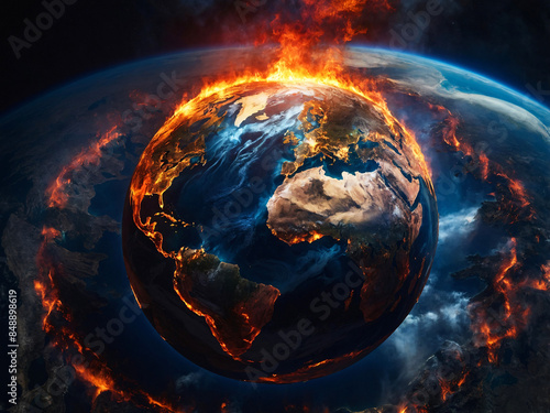 Showcasing the potential catastrophic future of Earth due to climate change with the planet engulfed in flames