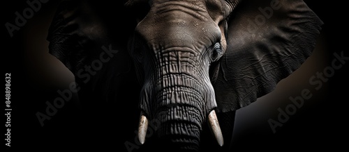 Close up artistic portrait of an African elephant emerging from shadow with copy space image photo