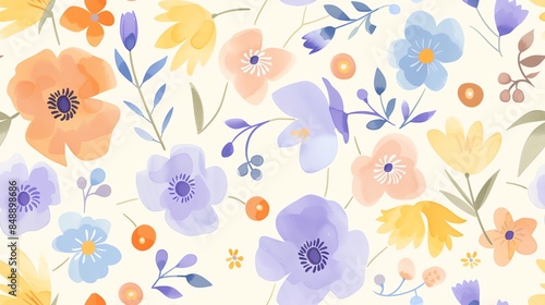 Charming hand-drawn floral pattern in soft pastel light pink, cream, and brown, seamless design