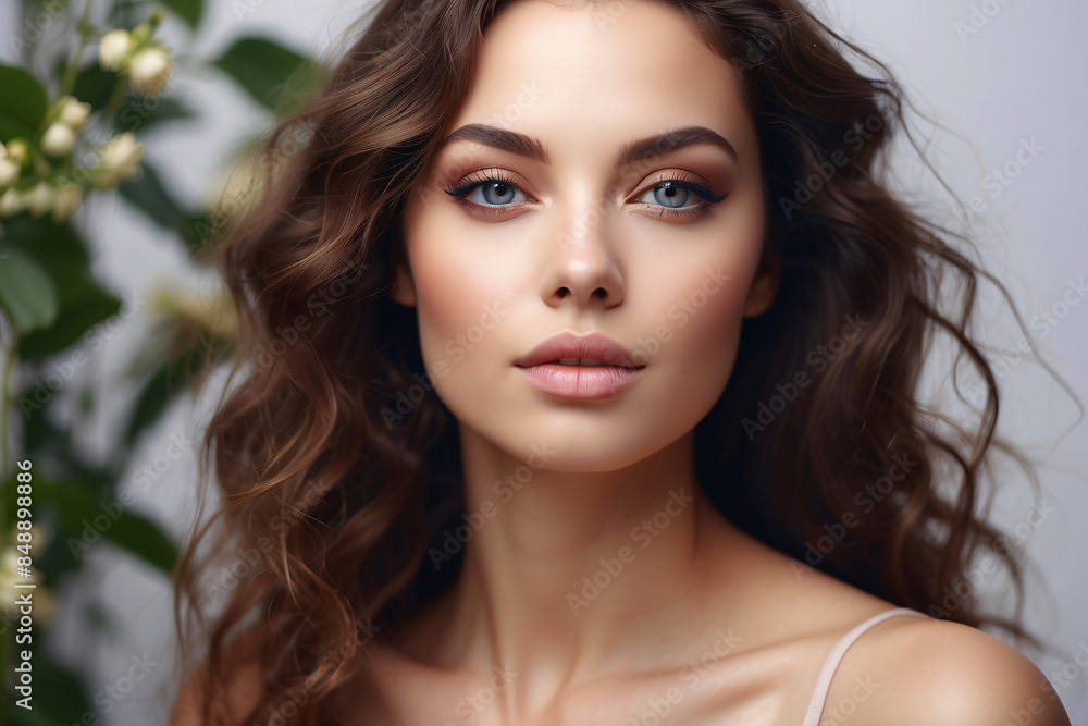 Attractive woman with soft curls and a natural makeup look on light background Attractive woman with soft curls and a natural makeup look on light background