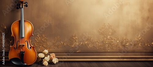 Vintage golden wooden background enhances classic violin music ideal for a copy space image photo