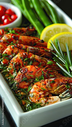 Grilled Shrimp in Savory Sauce A Seafood Feast. Shrimp grilled perfectly, served with tasty sauce photo