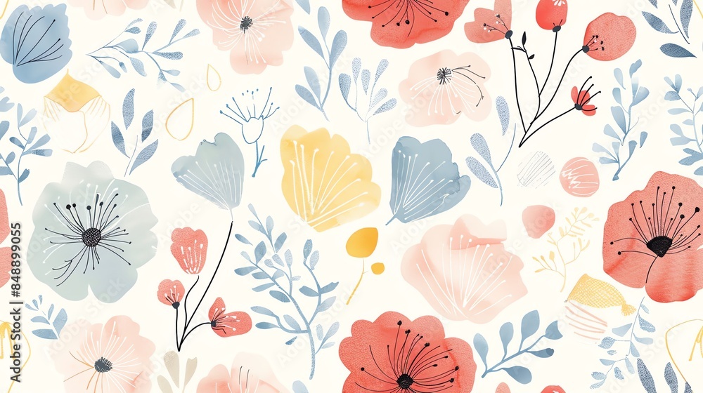 Delicate hand-drawn flora in soft pastel red, blue, and yellow, seamless pattern Delicate hand-drawn flora in soft pastel red, blue, and yellow, seamless pattern