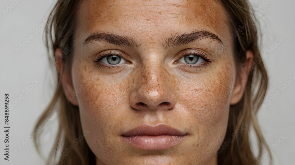 Fototapeta premium Close-up face of attractive young woman with melasma (hyperpigmentation often caused by hormonal changes) or freckles ( flat skin spots usually caused by genetics and exposure to the sun)