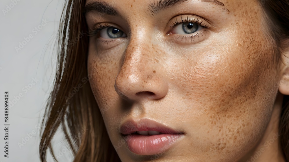 Close-up face of attractive young woman with melasma (hyperpigmentation often caused by hormonal changes) or freckles ( flat skin spots usually caused by genetics and exposure to the sun) Close-up face of attractive young woman with melasma (hyperpigmentation often caused by hormonal changes) or freckles ( flat skin spots usually caused by genetics and exposure to the sun)