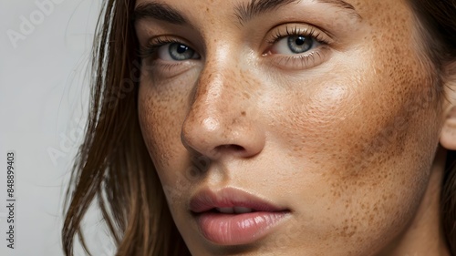 Close-up face of attractive young woman with melasma (hyperpigmentation often caused by hormonal changes) or freckles ( flat skin spots usually caused by genetics and exposure to the sun) photo