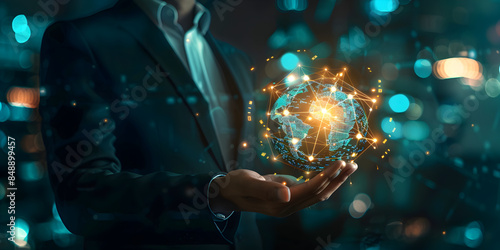 Businessman Holding a Glowing Digital Globe Symbol of Global Connectivity and Technological Innovation