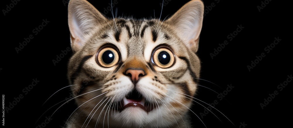 Close up image of a young American Shorthair cat or kitten looking surprised with wide scared eyes creating a humorous and emotional copy space image