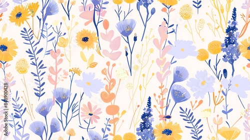 Elegant hand-drawn flora in soft pastel purple, yellow, blue, and orange, seamless pattern design