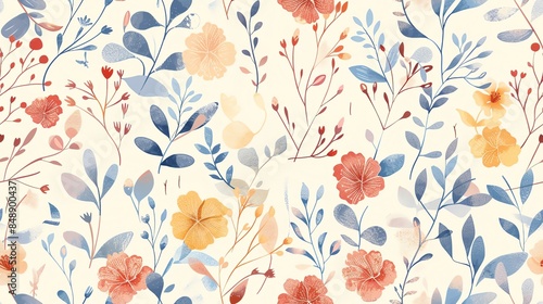 Elegant hand-drawn flora in soft pastel red, blue, and yellow, seamless pattern design
