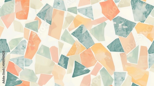 Hand-drawn Cubism seamless pattern in soft pastel colors, featuring angular and fragmented designs