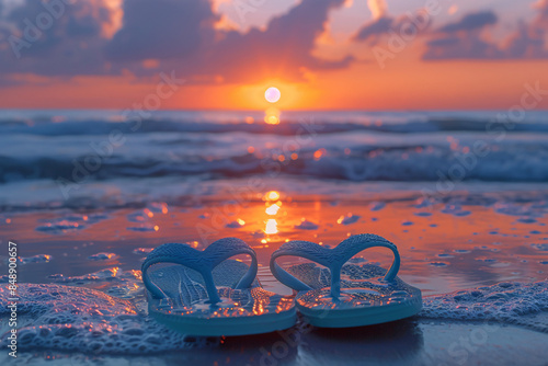 Celebratory beach scene with flip flops for national flip flop day against a sunset backdrop
