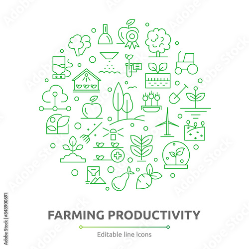 Farming productivity icons. Agricultural business, harvest. UI flat icons set. Outline icon collection. Thin outline icons pack