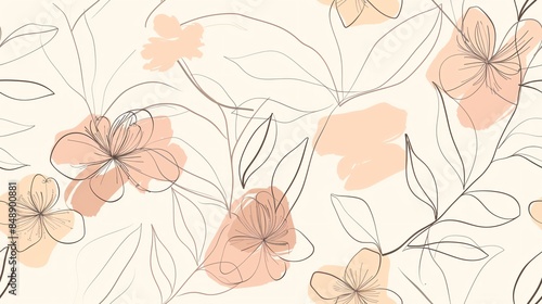 Seamless pastel pattern featuring hand-drawn flora in light pink, cream, and brown shades