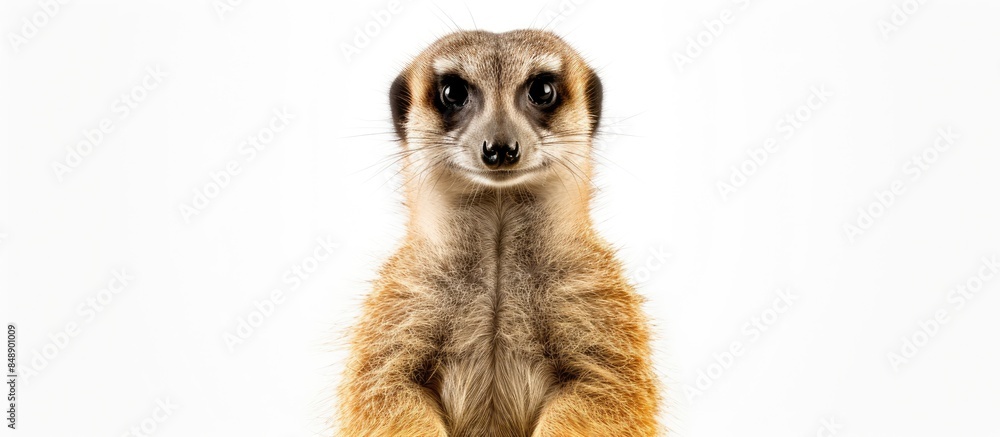 Meerkat scientifically known as Suricata suricatta against a white backdrop with copy space image Meerkat scientifically known as Suricata suricatta against a white backdrop with copy space image