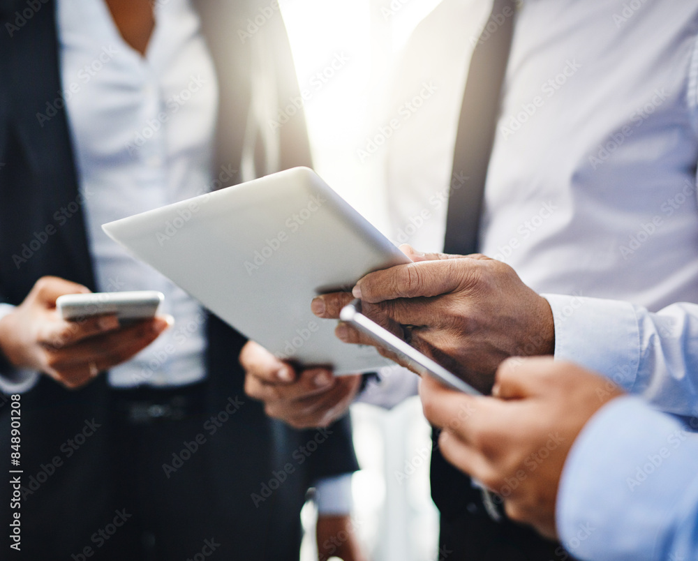 Business people, hands and technology with tablet, circle and cooperation with digital app. Teamwork, group and employees with cellphone, productivity and connection with website info or research Business people, hands and technology with tablet, circle and cooperation with digital app. Teamwork, group and employees with cellphone, productivity and connection with website info or research