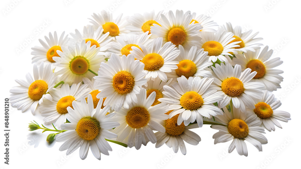 Obraz premium a cluster of daisy flowers with white petals and bright yellow centers. The arrangement showcases both fully open blooms and partially opened buds