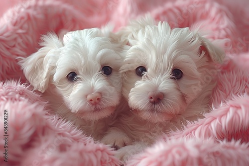 Two Adorable Fluffy White Puppies Snuggled Together on Soft Pink Blanket, Capturing Innocence and Warmth in a Cozy Settingpuppies photo