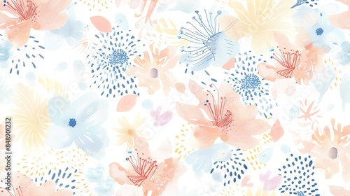 Soft pastel abstract seamless pattern, hand-drawn style with delicate and intricate designs