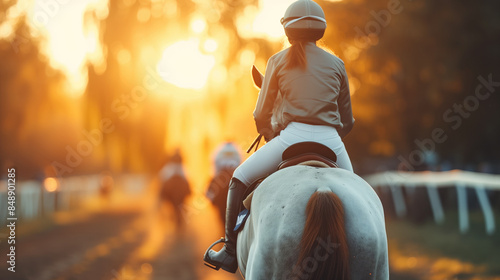 Woman Riding Horse at Sunset During Equestrian Event on Rural Path. photo