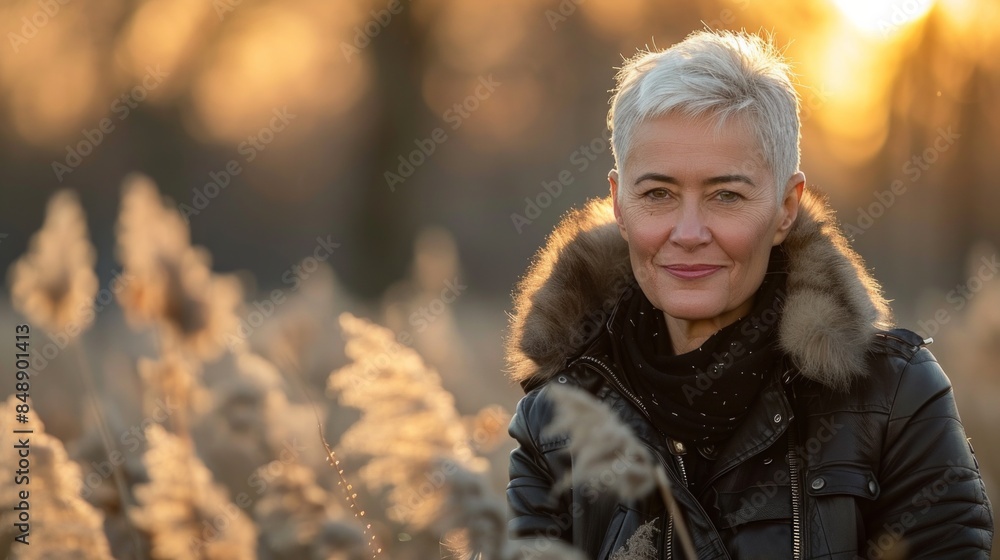Smiling mature senior woman with short gray hair and eyeglasses walking on street, rural scene Smiling mature senior woman with short gray hair and eyeglasses walking on street, rural scene