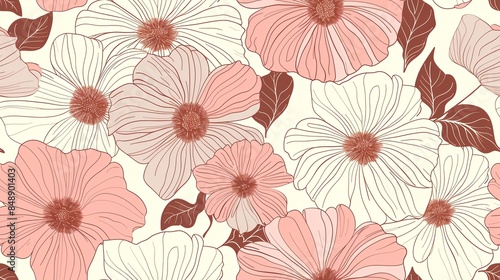 Soft pastel light pink, cream, and brown flora, hand-drawn seamless pattern design