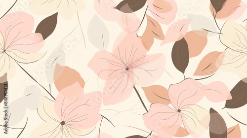 Soft pastel light pink, cream, and brown flora, hand-drawn seamless pattern design