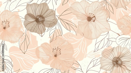 Soft pastel light pink, cream, and brown flora, hand-drawn seamless pattern design