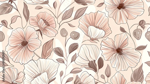 Soft pastel light pink, cream, and brown flora, hand-drawn seamless pattern design