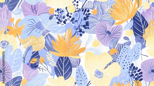 Soft pastel purple, yellow, blue, and orange flora, hand-drawn seamless pattern design