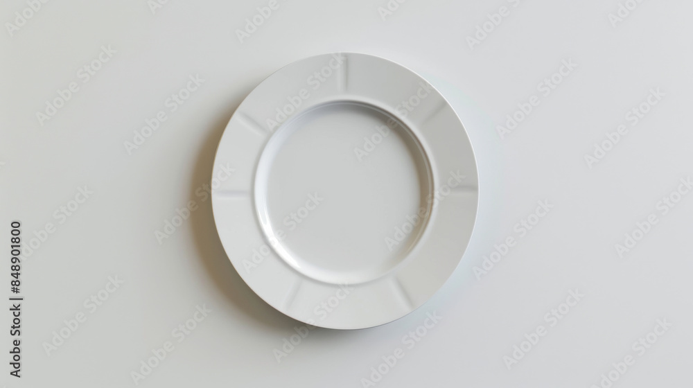 An overhead view of a plain white plate with subtle, indented patterns along the rim, set against a light background, highlighting simplicity.
