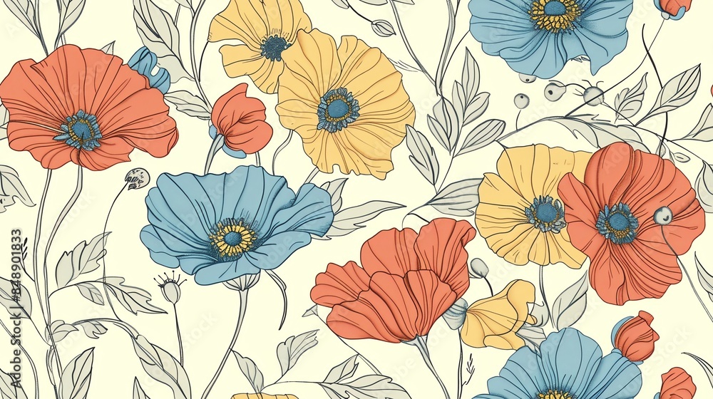 custom made wallpaper toronto digitalSoft pastel red, blue, and yellow floral design, hand-drawn seamless pattern