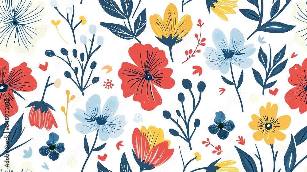 Soft pastel red, blue, and yellow floral design, hand-drawn seamless pattern Soft pastel red, blue, and yellow floral design, hand-drawn seamless pattern