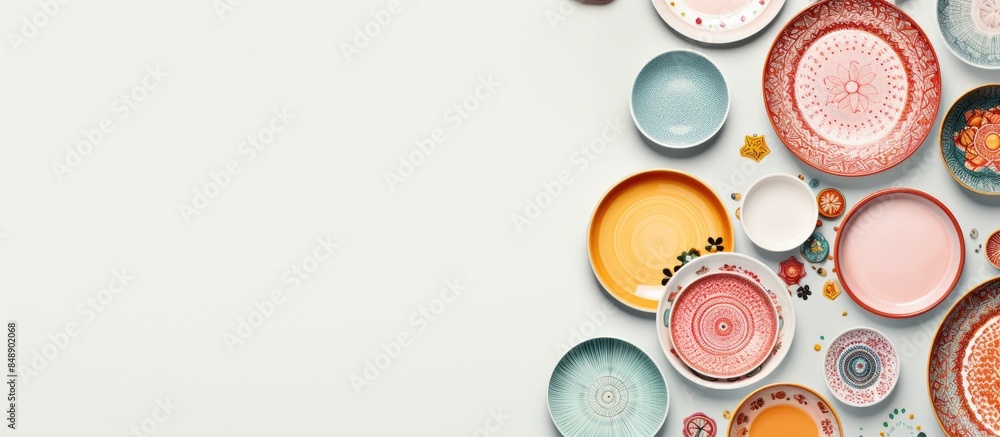 Ceramic tableware is displayed from a top view on a white background as a mock up with copy space image Ceramic tableware is displayed from a top view on a white background as a mock up with copy space image