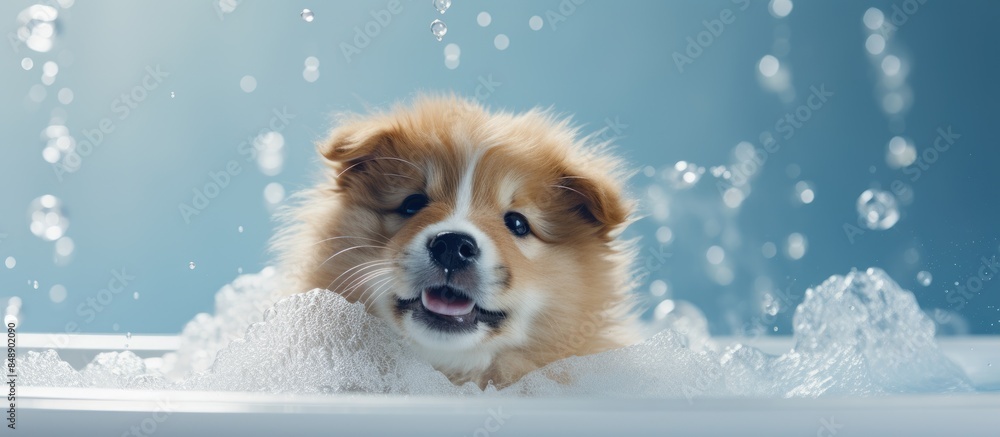 A cute puppy is bathing with a copy space image A cute puppy is bathing with a copy space image