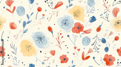 Soft pastel red, blue, and yellow flora, hand-drawn seamless pattern design