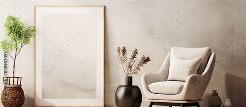 Stylish living room interior with various decor elements like a mock up poster frame boucle armchair vase with branches and slippers on a beige rug with copy space image for personalization