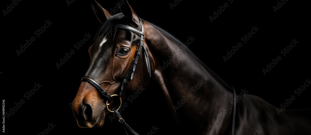 Fototapeta premium Horse with a classy stance on a black backdrop with copy space image