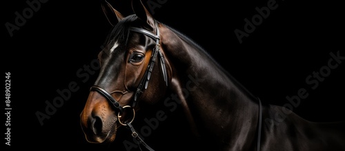 Horse with a classy stance on a black backdrop with copy space image © Ilgun
