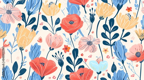 Whimsical hand-drawn flora in seamless pattern, pastel light pink, cream, and brown colors