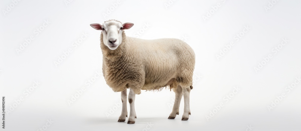 Fototapeta premium Sheep standing alone on a white backdrop with copy space image